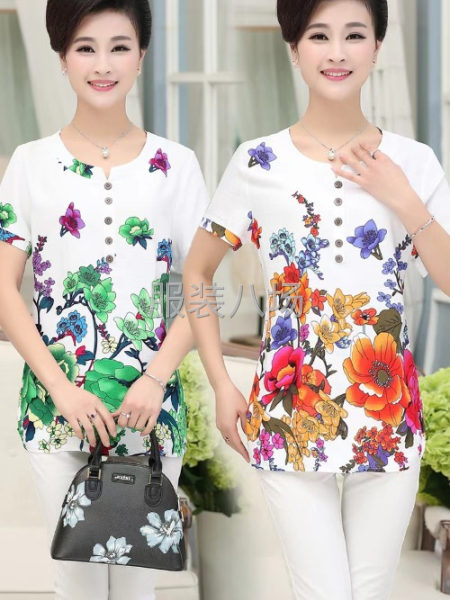 雙竹節棉媽媽花衫  夏季新貨中老年女裝短袖T-第1張圖片