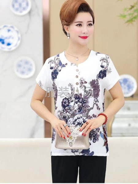 雙竹節棉媽媽花衫  夏季新貨中老年女裝短袖T-第2張圖片