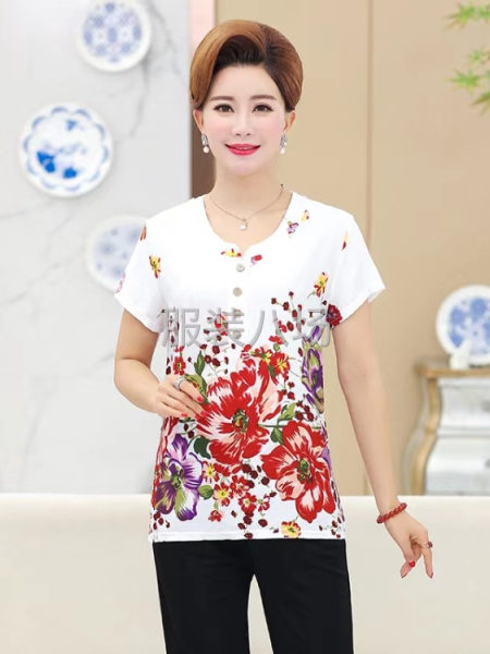 雙竹節棉媽媽花衫  夏季新貨中老年女裝短袖T-第8張圖片