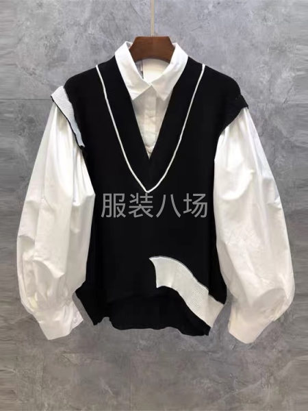 2021年秋季新款欧货女装V领珍珠背心拼接灯笼袖假两件-第3张图片