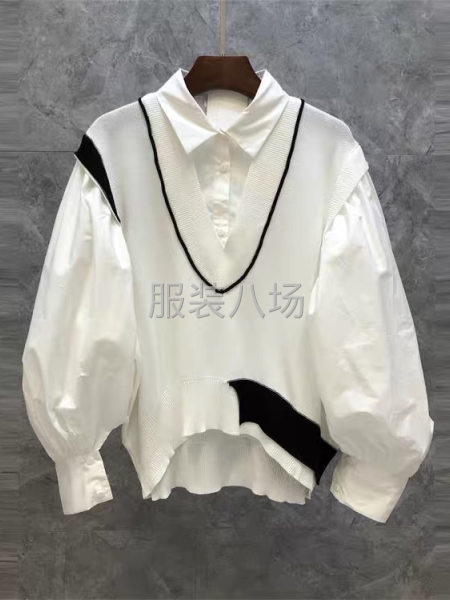 2021年秋季新款欧货女装V领珍珠背心拼接灯笼袖假两件-第1张图片