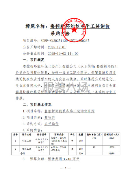 魯控新環能秋冬季工裝詢價采購詢價采購公告-第1張圖片