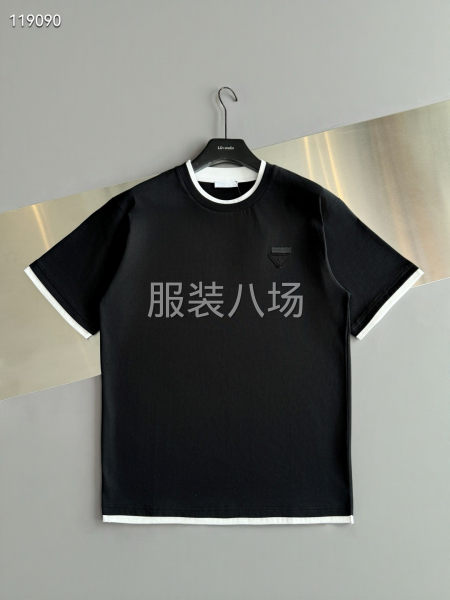 新品纯棉假两件短袖T恤  刺绣三角标l-第3张图片