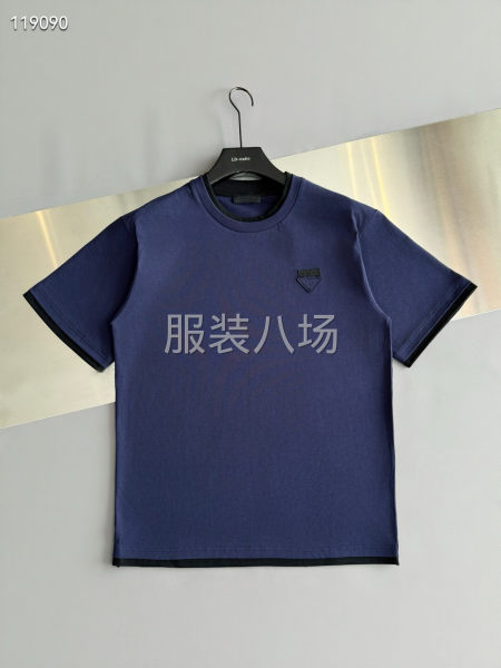 新品纯棉假两件短袖T恤  刺绣三角标l-第4张图片