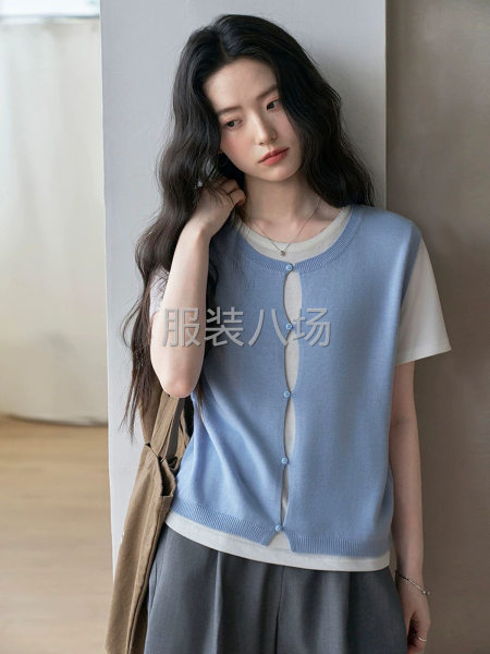 慵懒风撞色假两件针织衫拼接圆领短袖T恤女夏季新款显瘦百搭开衫-第3张图片