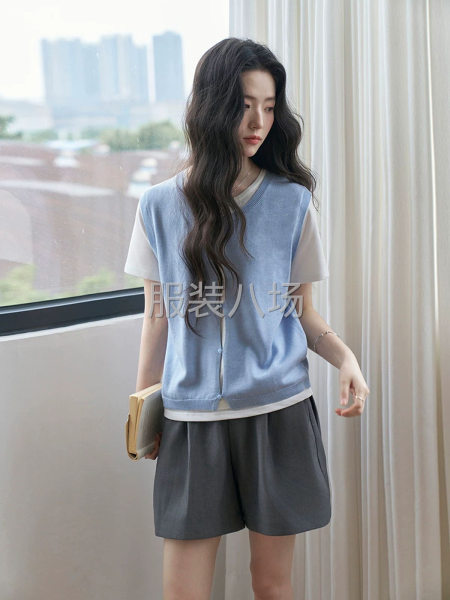 慵懒风撞色假两件针织衫拼接圆领短袖T恤女夏季新款显瘦百搭开衫-第4张图片