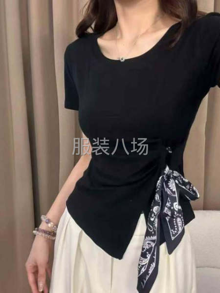时尚气质不规则丝巾绑带设计收腰短袖上衣-第3张图片