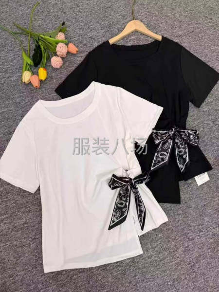 时尚气质不规则丝巾绑带设计收腰短袖上衣-第4张图片