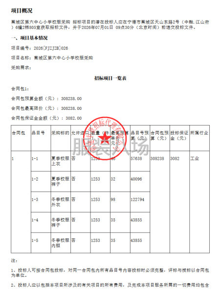 蕉城区第六中心小学校服采购公开招标公告-第1张图片