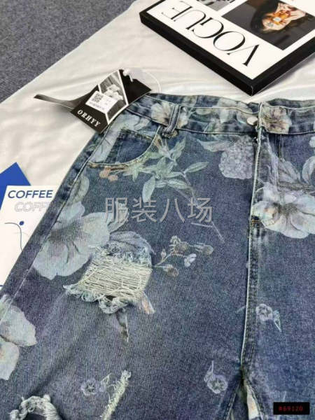 大码胖mm复古花卉印花破洞牛仔裤女夏季薄款高腰直筒-第8张图片