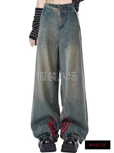复古条纹拼接牛仔裤女高街潮牌宽松阔腿裤直筒裤-第3张图片