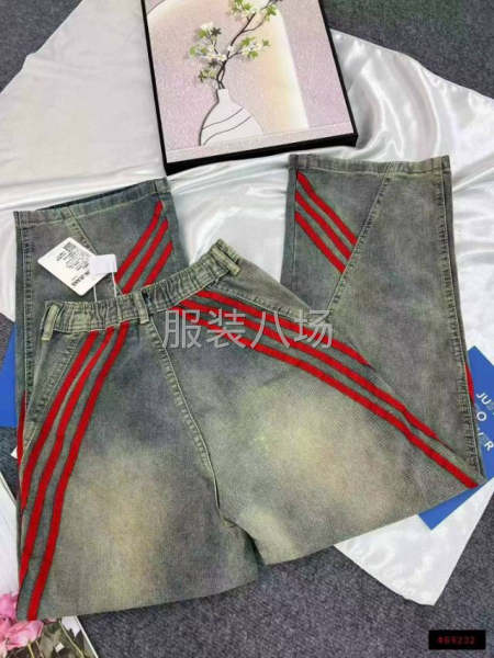 复古条纹拼接牛仔裤女高街潮牌宽松阔腿裤直筒裤-第7张图片