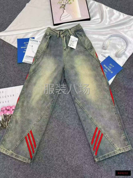 复古条纹拼接牛仔裤女高街潮牌宽松阔腿裤直筒裤-第4张图片