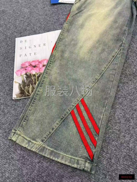 复古条纹拼接牛仔裤女高街潮牌宽松阔腿裤直筒裤-第5张图片