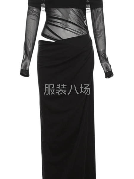 拼接性感镂空收腰显瘦性感黑色网纱一字肩连衣裙女-第5张图片