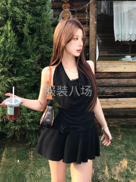 原版做法 可拆卸花朵+气质短裙 夏季内衬挂脖连衣裙甜辣妹蕾丝-第2张图片