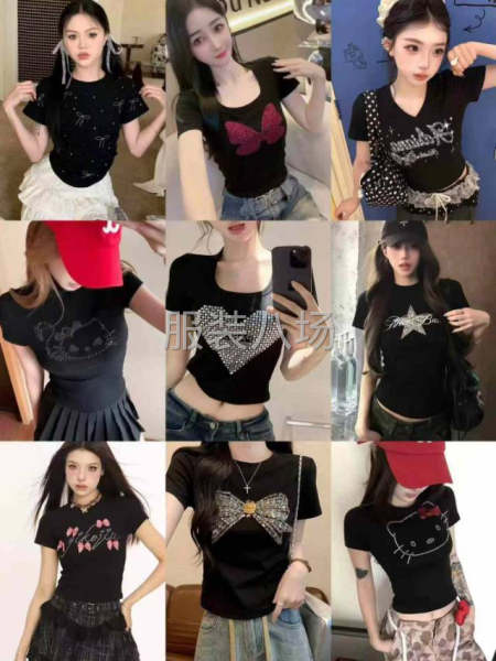 美式辣妹纯棉烫钻短袖t恤女新款修身正肩甜辣妹短款上衣2000-第9张图片