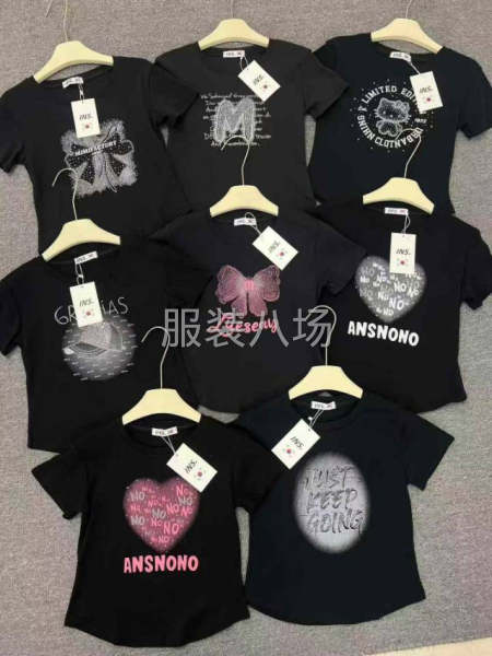 美式辣妹纯棉烫钻短袖t恤女新款修身正肩甜辣妹短款上衣2000-第8张图片